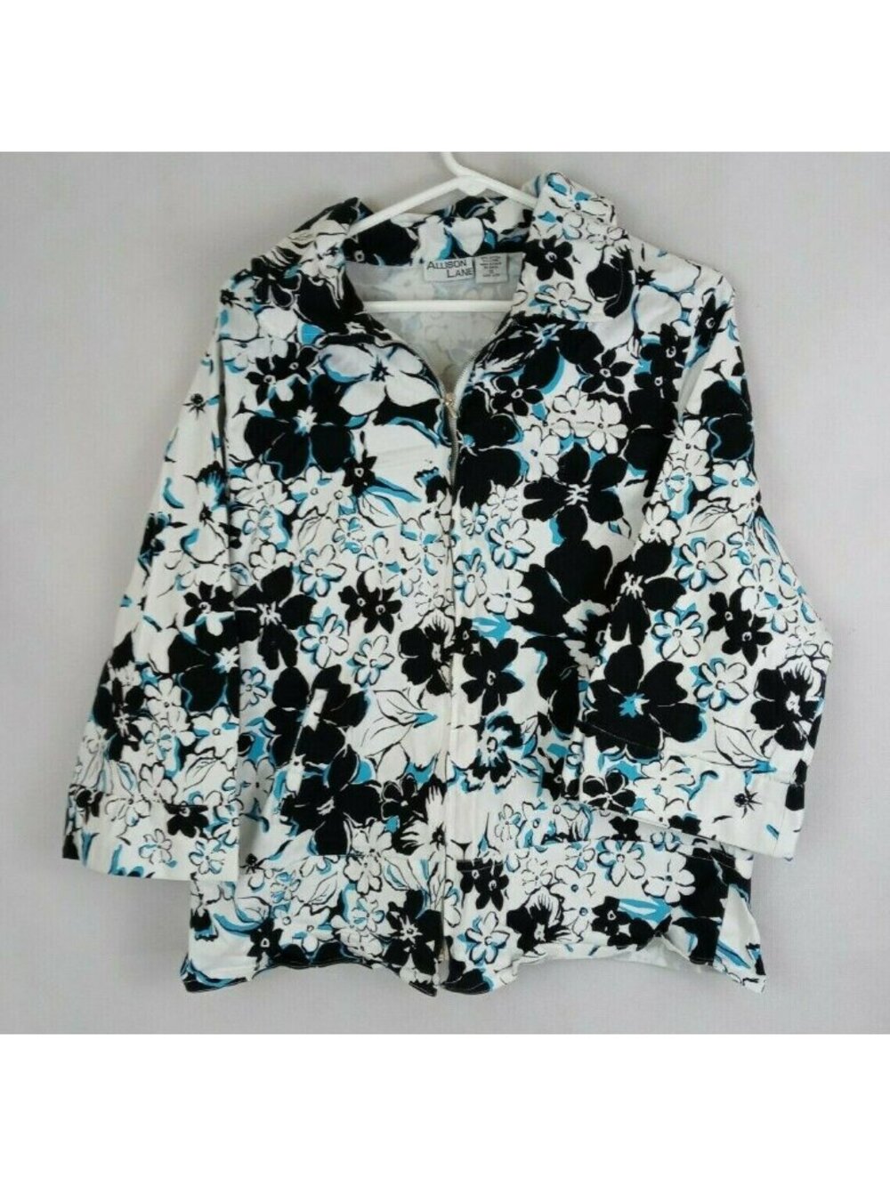 Allison Daley Women’s White, Blue, & Black Floral 3/4 Sleeve Full Zip Jacket XL